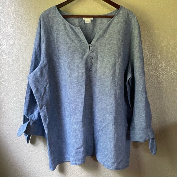 Liz Claiborne Womens XXL 2XL Linen Blend Chambray Tunic 3/4 Tie Sleeve Blouse - Picture 1 of 9